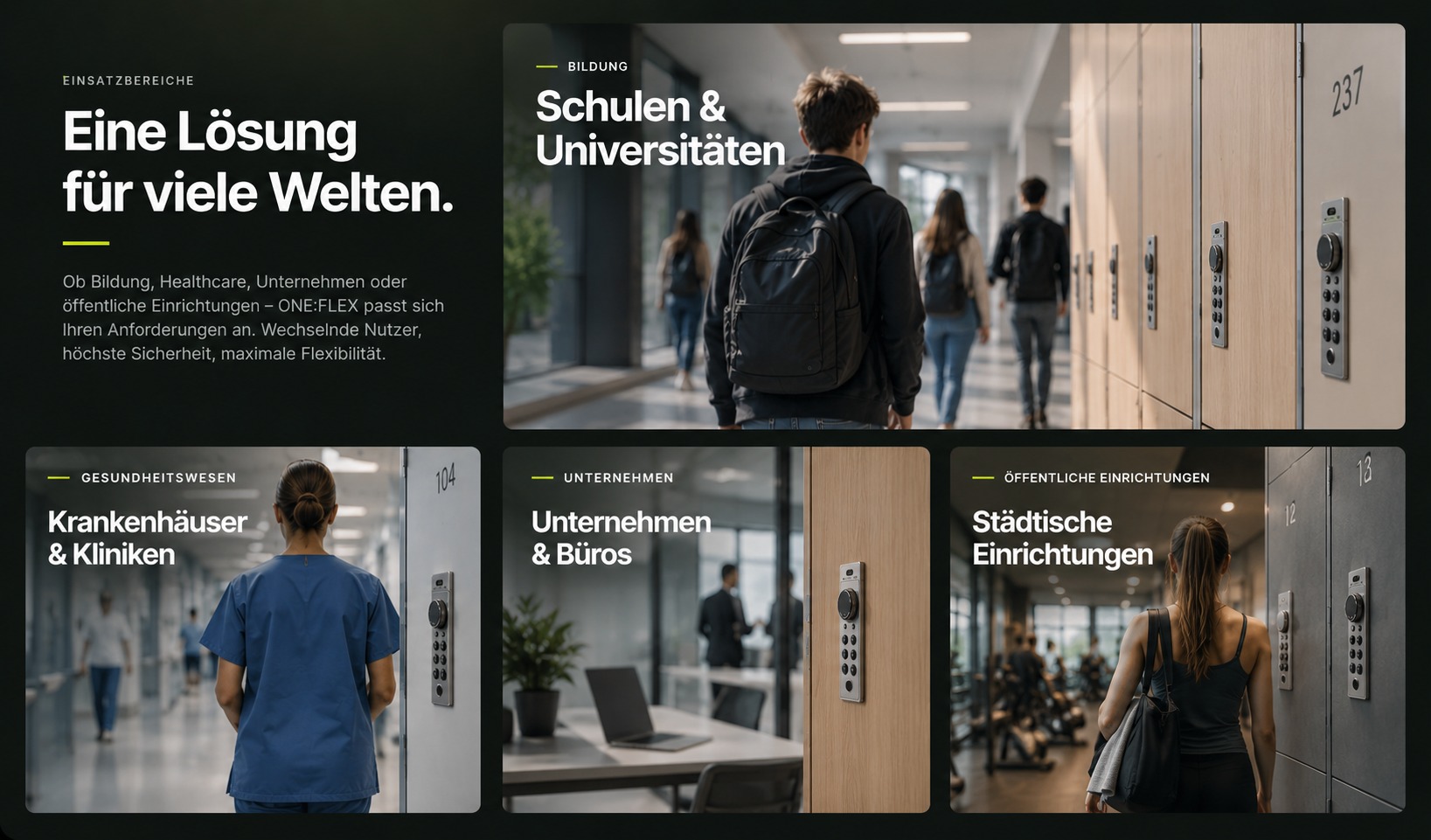 ONE:FLEX Einsatzbereiche – Schulen, Universitäten, Gesundheitswesen, Unternehmen und öffentliche Einrichtungen